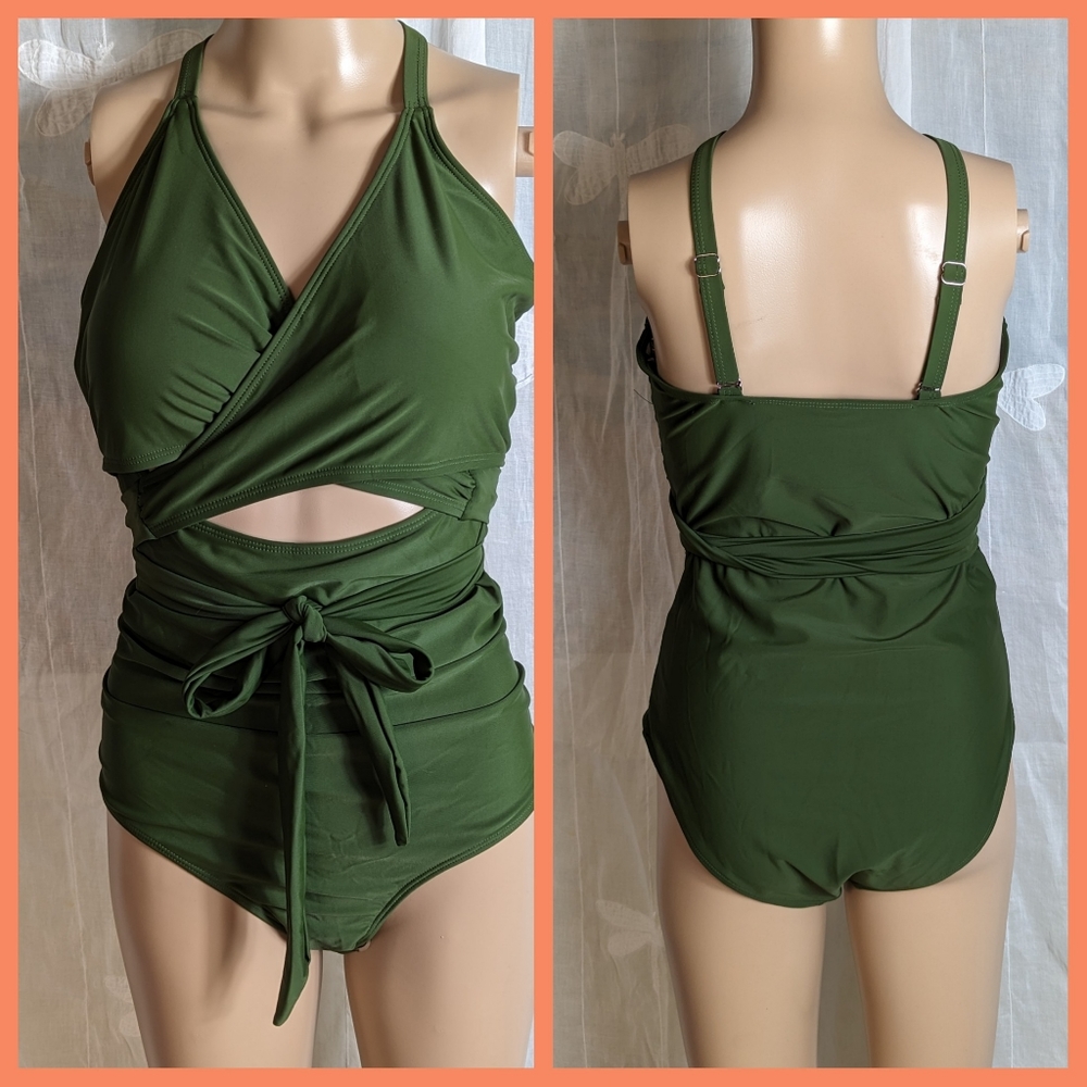 New Wrap around tie 1piece green swimsuit 14W